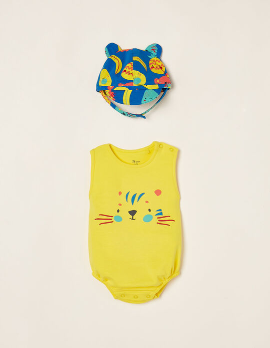 Body + Sombrero de Algodón para Recién Nacido 'Tropical', Amarillo/Azul