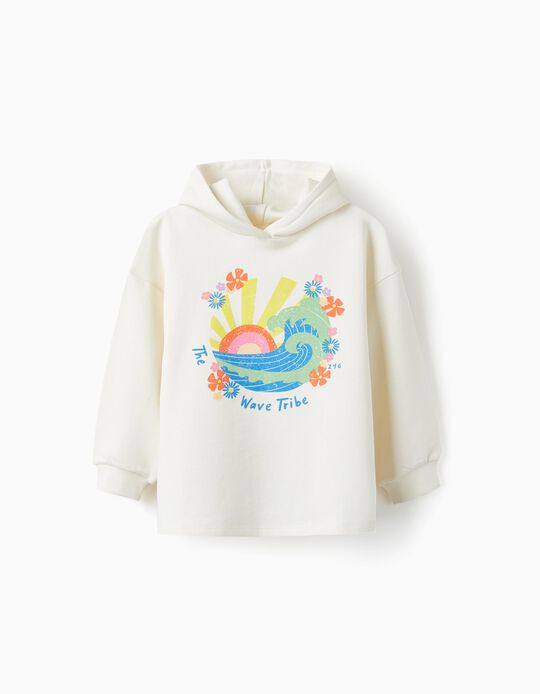 Hooded Cotton Jumper for Girls 'Wave Tribe', White
