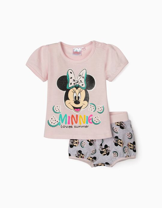 T-shirt e Calções para Bebé Menina 'Minnie Summer', Rosa/Cinza