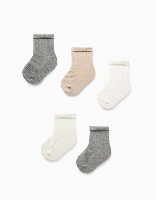 5 Pairs of Ribbed Socks for Babies, Grey/White/Beige