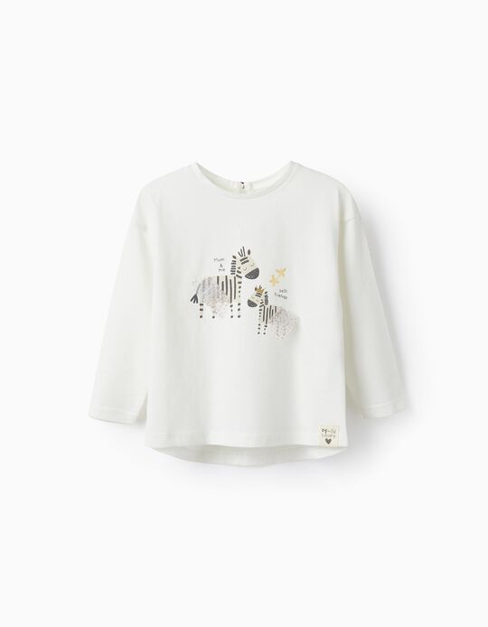 T-shirt de Manga Comprida de Algodão para Bebé Menina 'Zebras', Branco