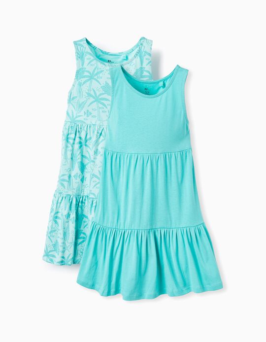 2 Cotton Dresses for Girls, Aqua Green