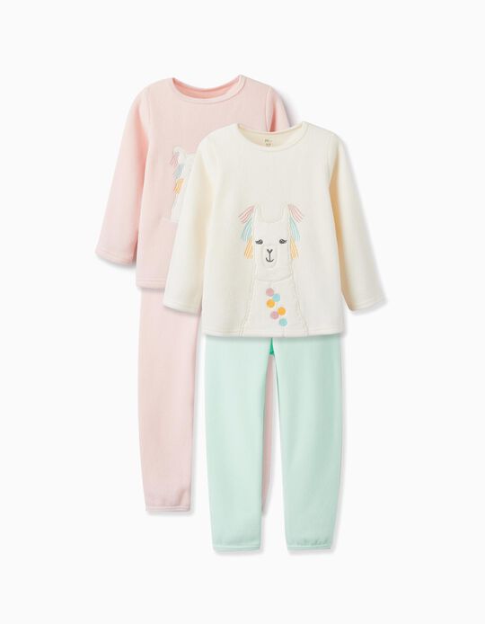 Pack 2 Pijama Polares para Menina 'Lama', Rosa/Branco/Turquesa