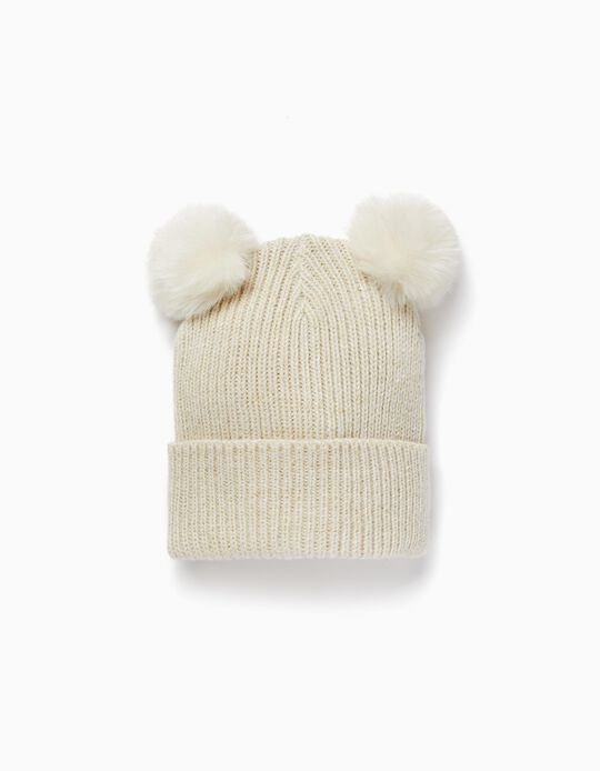 Knitted Beanie with Lurex and Pom-poms for Baby Girls, Beige