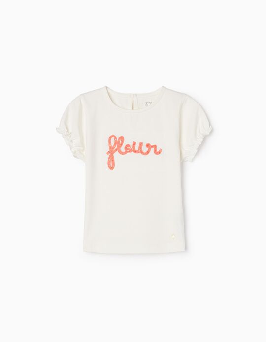 Camiseta de Algodón para Niña 'Flor', Blanco/Coral