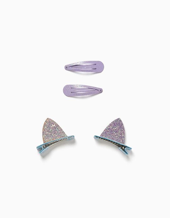 2 Hair Clips + 2 Hair Slides for Babies and Girls, Lilac/Blue