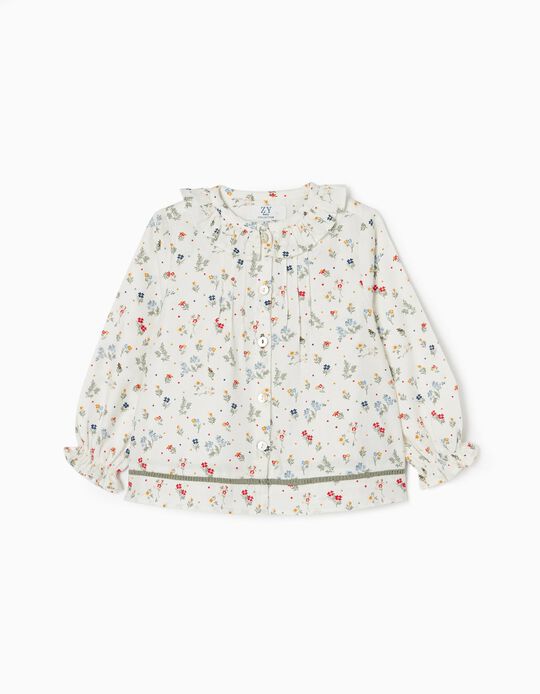 Long Sleeve Cotton Floral Shirt for Baby Girls, White