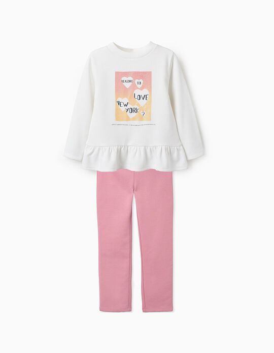 Buy Online Sweatshirt + Leggings for Girls 'New York', White/Pink