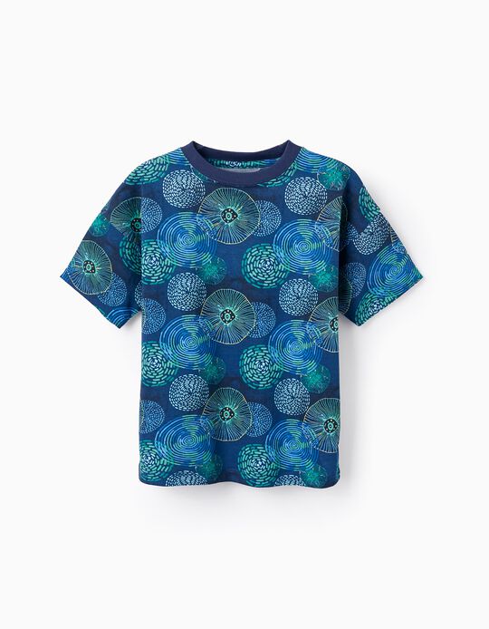 Cotton T-shirt with Pattern for Boys, Dark Blue