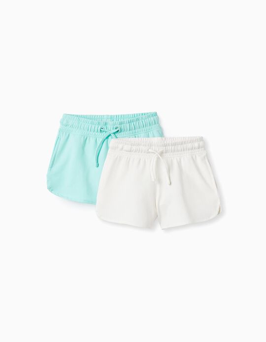 2 Cotton Shorts for Girls, White/Green Water