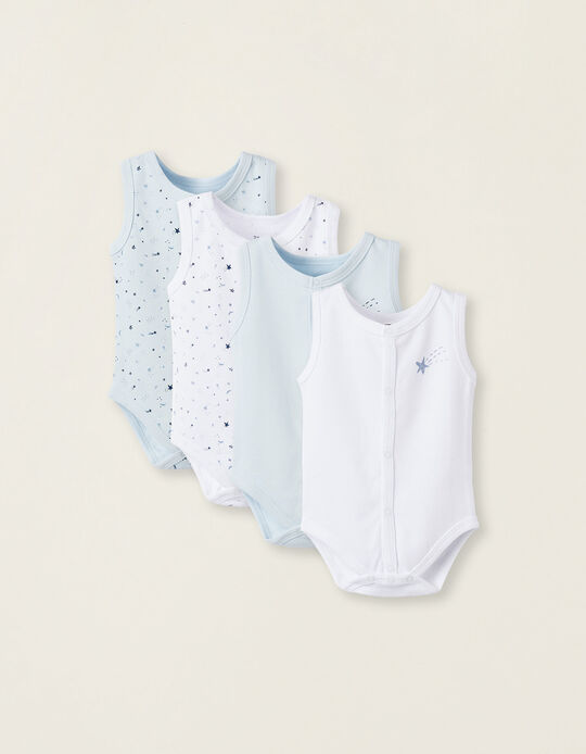Pack of 4 Sleeveless Bodysuits for Newborn Boys 'Star', White/Blue