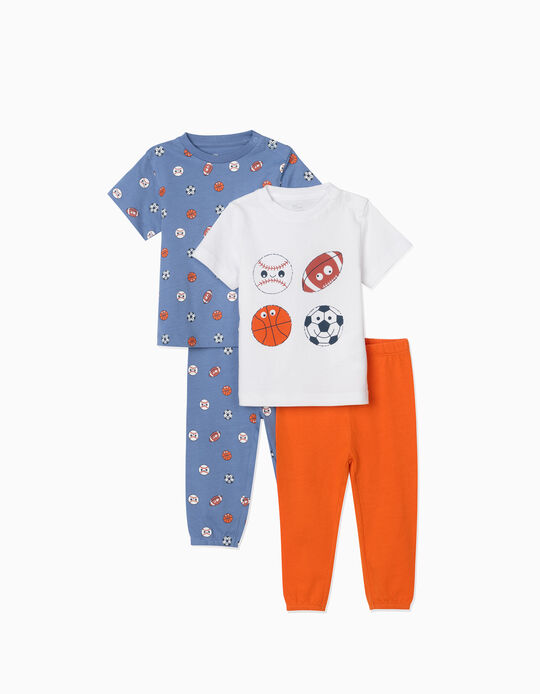 2 Short Sleeve Pyjamas for Baby Boys, 'Sports', Blue/White/Orange