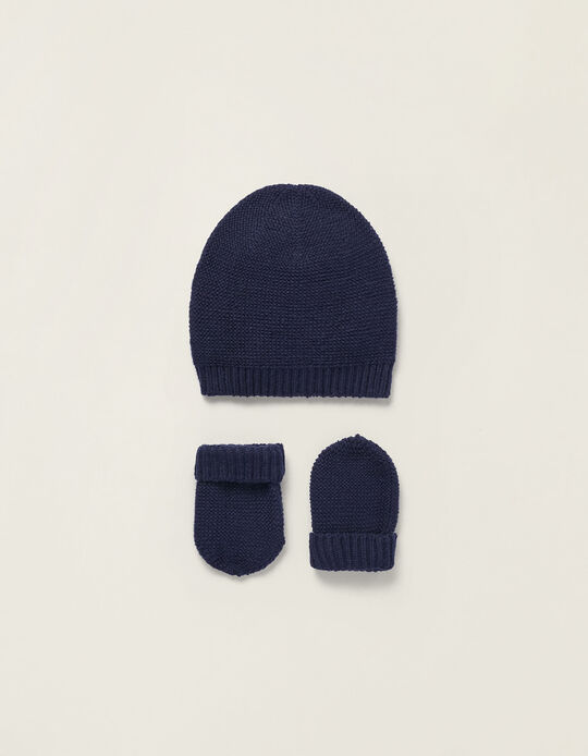 Beanie + Knitted Gloves for Newborn Girls, Dark Blue