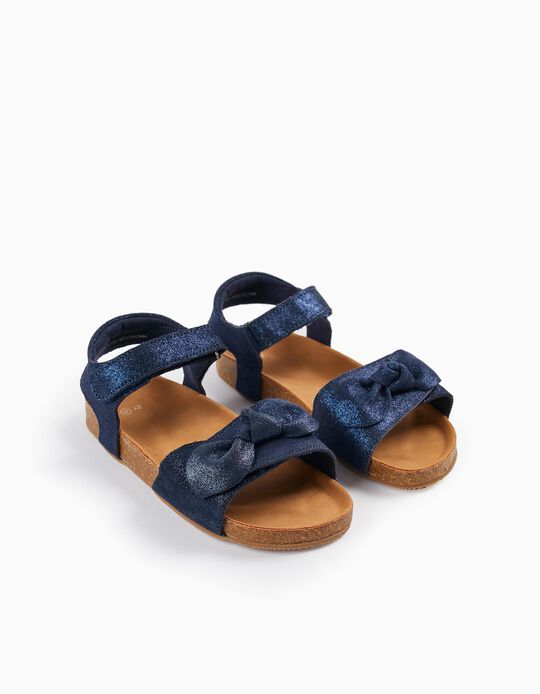 Leather Sandals with Glitter and Bows for Girls, Dark Blue