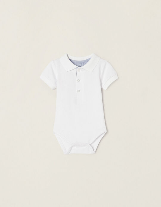 Short Sleeve Polo-Bodysuit in Cotton for Newborn Baby boys, White