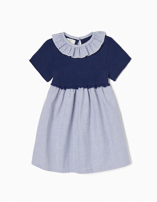 Knit and Cotton Dual Fabric Dress for Baby Girls, Blue