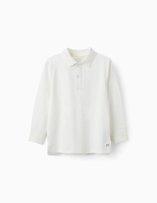 Long-Sleeved Cotton Polo Shirt for Boys, White