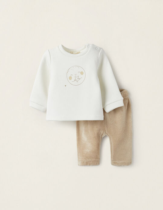 Sweatshirt + Trousers in Plush for Newborn Girls 'Moon', White/Brown