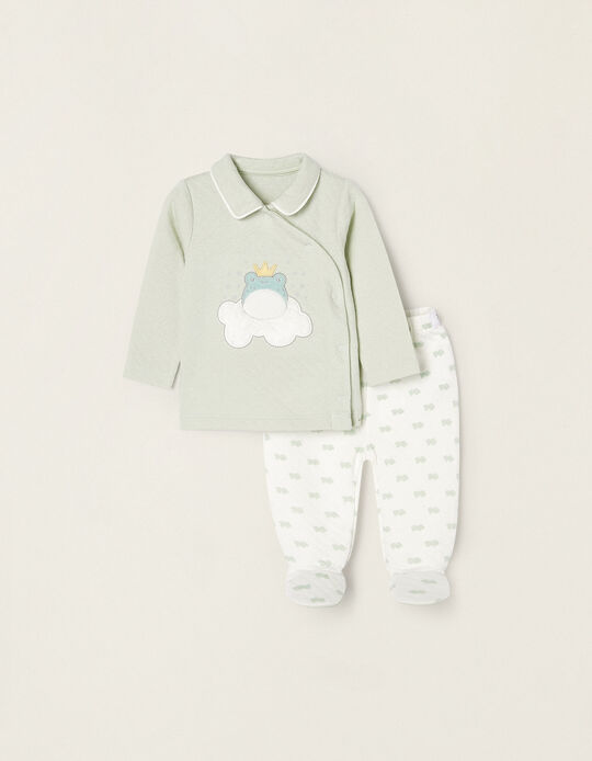 Pijama de Algodão com Textura para Recém-Nascido 'Nuvem', Verde Água/Branco