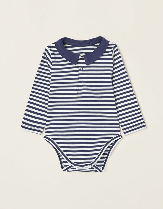 Striped Cotton Polo-Bodysuit for Newborn Baby Boys, Blue/White