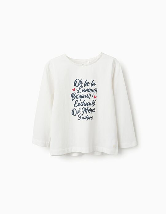 Comprar Online T-shirt de Manga Comprida em Algodão para Menina 'Oh La La', Branco
