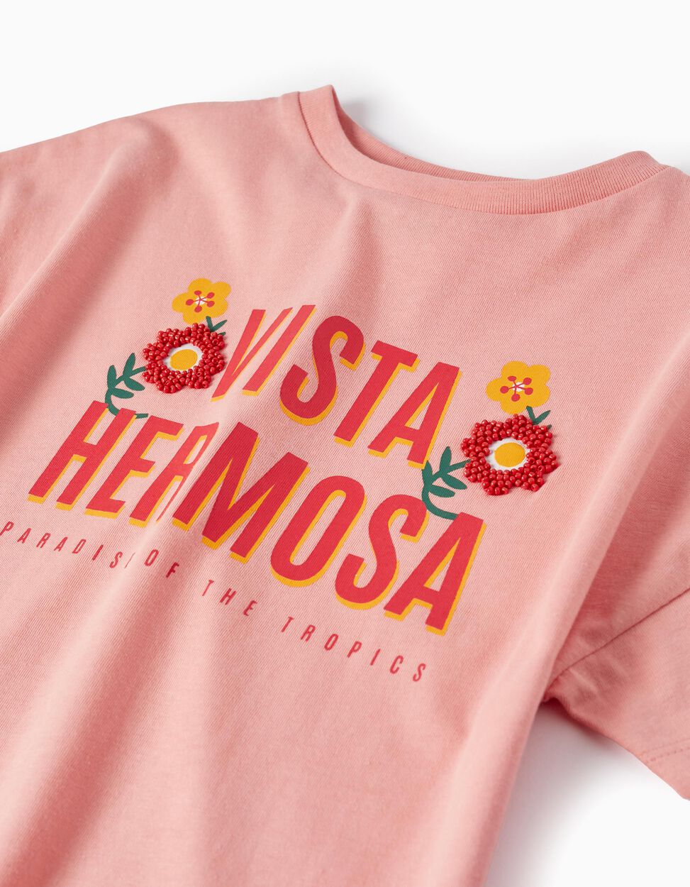Comprar Online T-shirt De Algodão com Missangas para Menina 'Vista Hermosa', Rosa