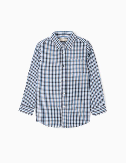 Plaid Long Sleeve Shirt for Boys, White/Blue
