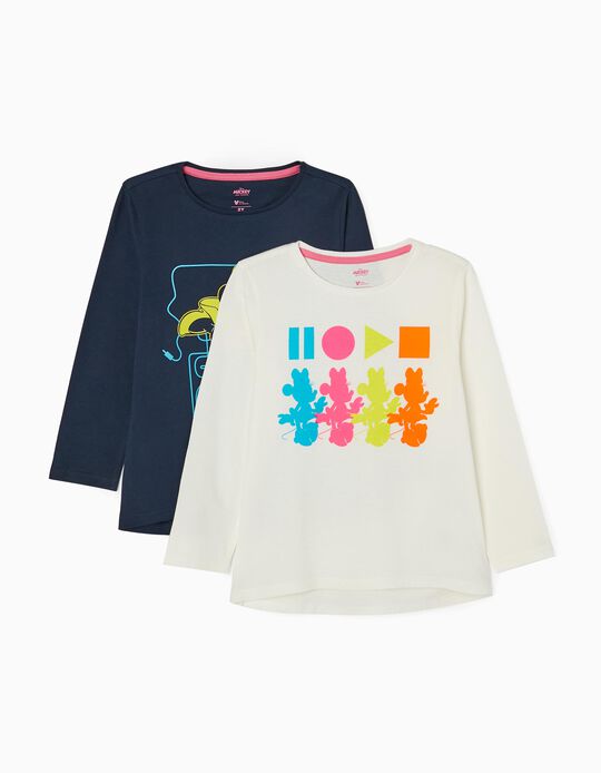 2 Camisetas de Manga Larga en Algodón para Niña 'Minnie', Blanco/Azul Oscuro