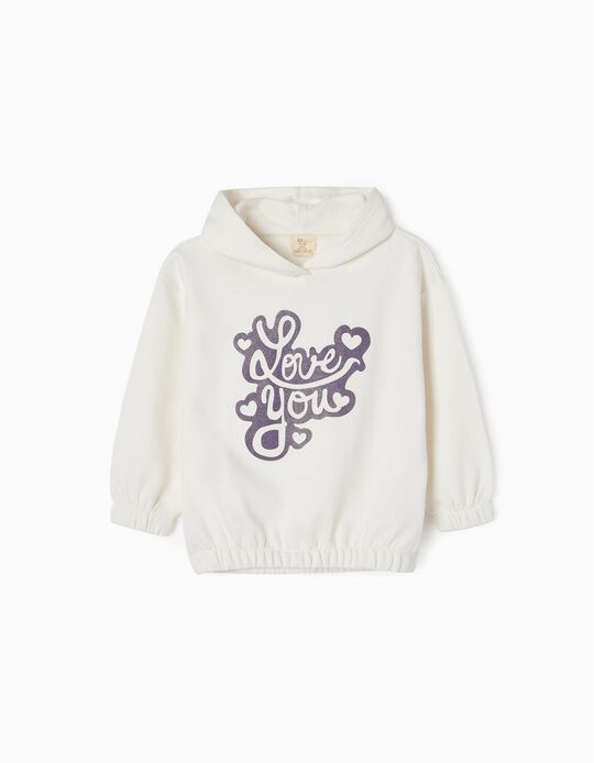 Brushed Cotton Sweatshirt with Hood for Girls 'Love You', White