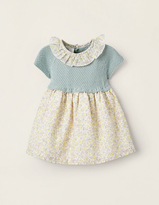Floral Dual Fabric Dress for Newborn Girls, Beige/Aqua Green