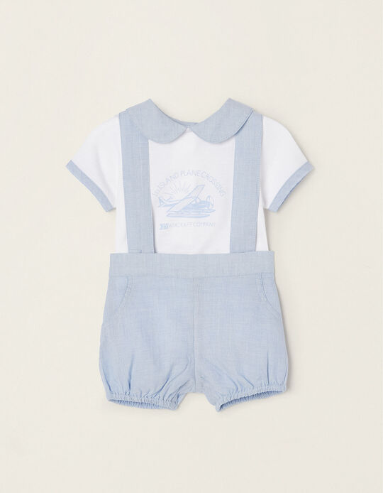Cotton T-shirt + Shorts Set for Newborn Baby Boys, White/Blue