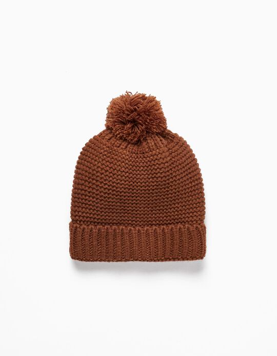 Knitted Beanie with Pom Pom for Boys, Brown