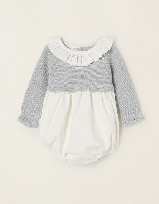 Dual-fabric Cotton Jumpsuit for Newborn Baby Girls, White/Grey