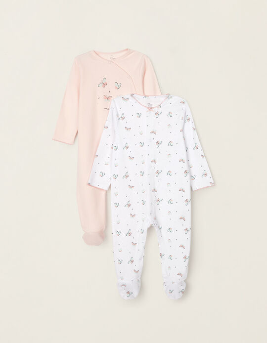 2 Sleepsuits for Baby Girls 'Butterfly', White/Pink