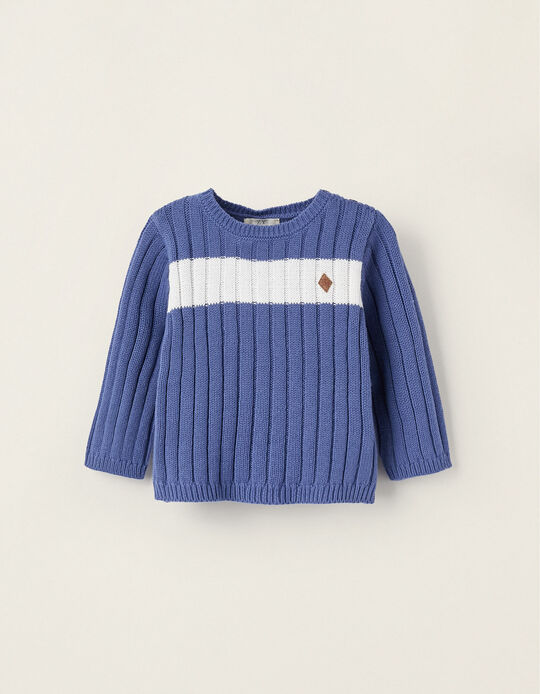 Knitted Cotton Jumper for Newborn Boys, Blue/White