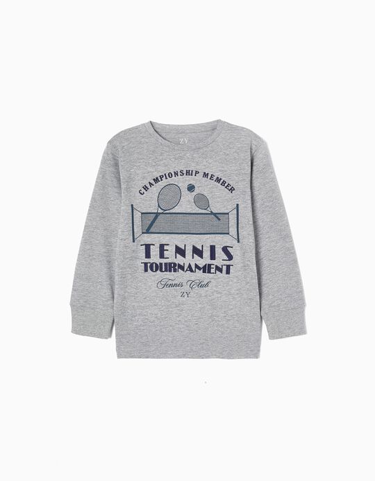 T-shirt de Manga Comprida em Algodão para Menino 'Tennis Club', Cinza