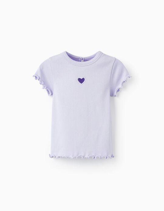 T-Shirt Canelada de Manga Curta com Coração para Bebé Menina, Lilás