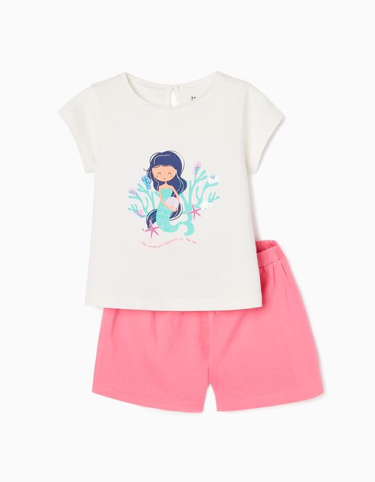 Conjunto T-shirt + Calções para Bebé Menina 'Sereia', Branco/Rosa