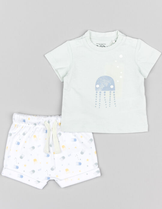 Comprar Online T-shirt + Calções para Recém-Nascido 'Alforreca', Branco/Azul Claro