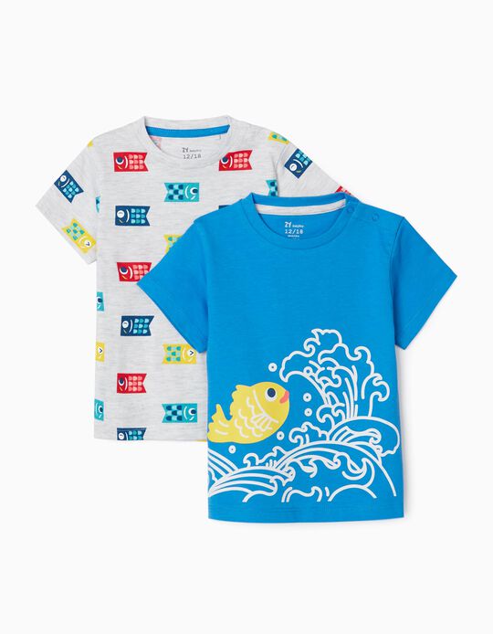 2 T-Shirts Bébé Garçon 'Fish', Bleu/Gris
