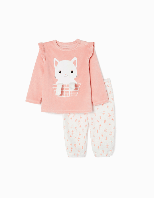 Pijama de Terciopelo para Bebé Niña 'Kitty', Rosa/Blanco