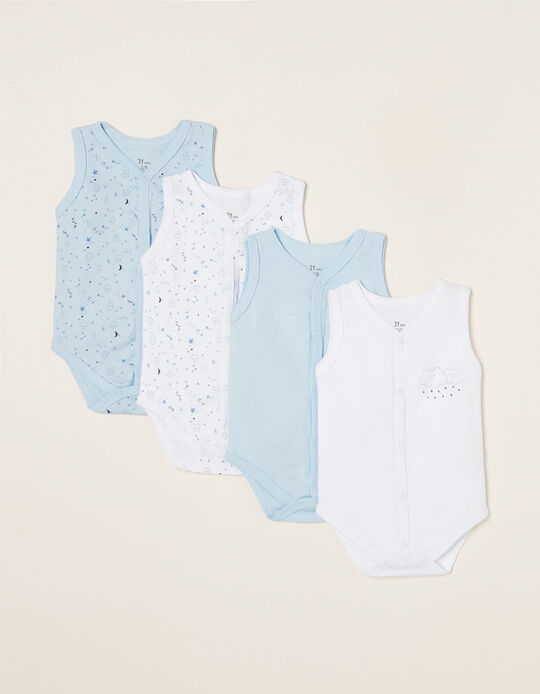 4 Sleeveless Bodysuits for Baby Boys 'Clouds', White/Blue