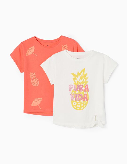 Pack 2 Cotton T-shirts for Girls 'Pura Vida', White/Coral