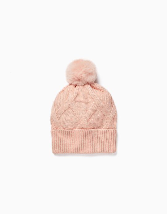 Knit Beanie with Pom-pom for Girls, Pink
