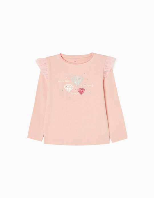 Long-Sleeve Cotton T-shirt for Girls 'Diamond', Pink