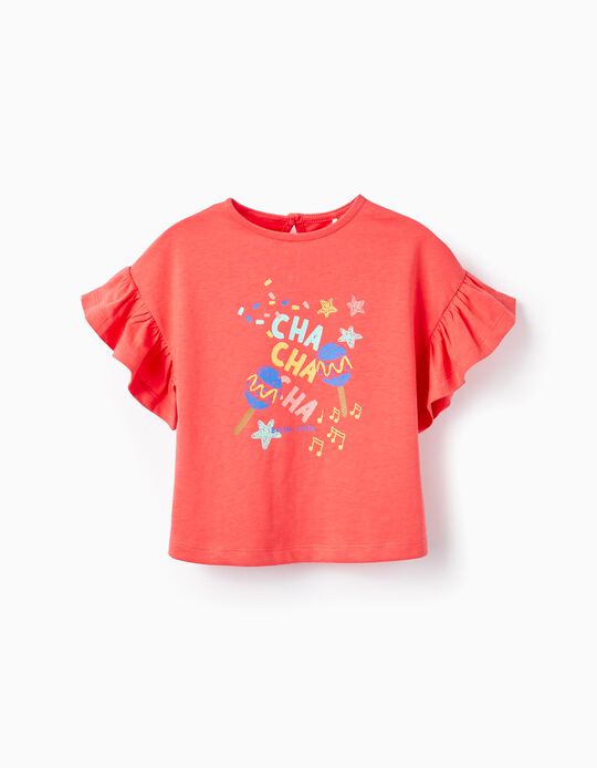 Comprar Online T-shirt De Algodão com Folhos para Bebé Menina 'Cha Cha Cha', Vermelho