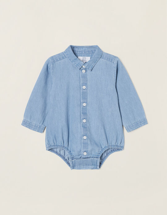 Cotton Denim Shirt-Bodysuit for Newborn Baby Boys, Blue