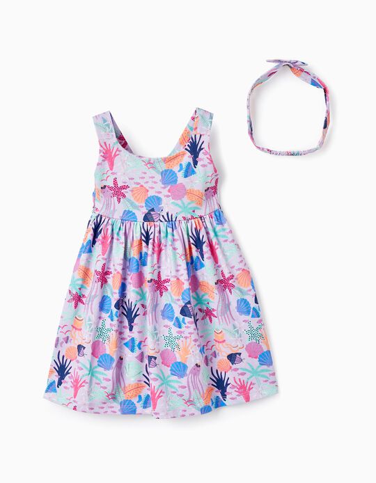 Printed Dress + Hair Ribbon for Baby Girls 'Sea', Lilac