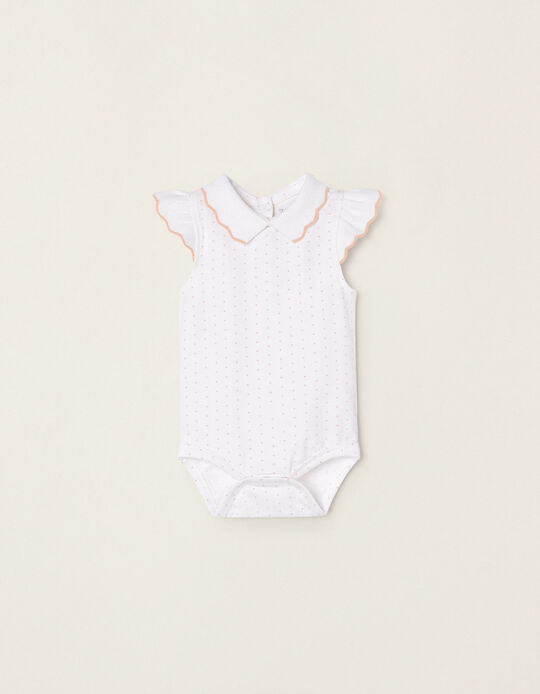 Polka-dot Cotton Bodysuit for Newborn Baby Girls, White/ Pink