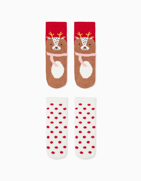 2 Pairs of Non-Slip Socks for Girls 'X-Mas Reindeer', White/Camel